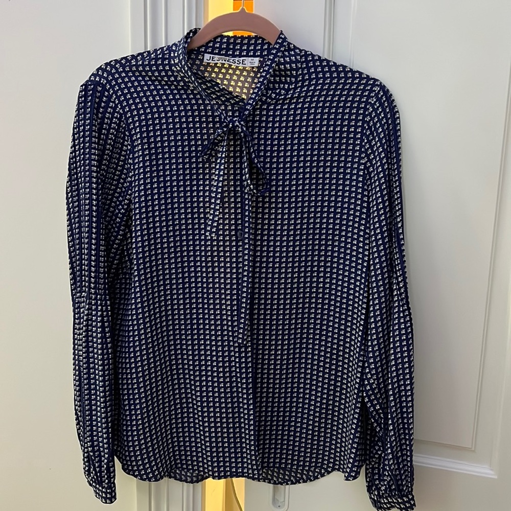 Navy and white 100% silk blouse